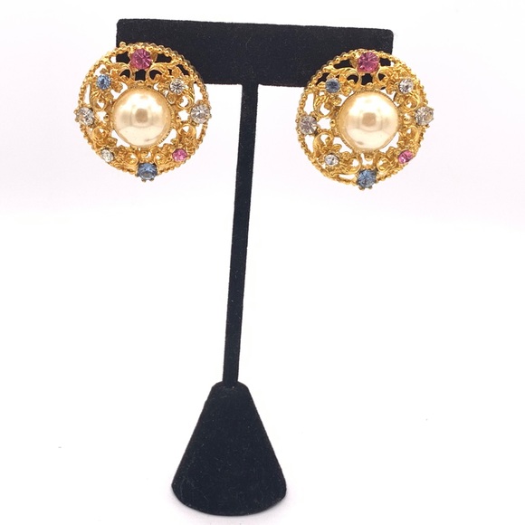 Vintage Belini signed rhinestone earrings filigree - Picture 3 of 7